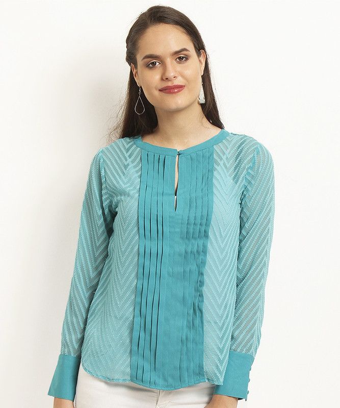 Casual Regular Sleeves Chevron/Zig Zag Women Light Blue Top