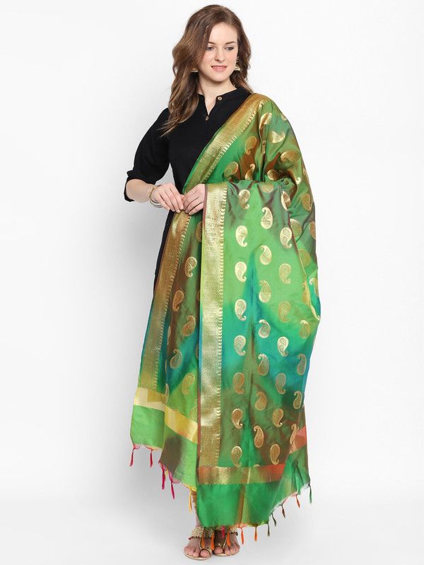 Pure Silk Woven Green Women Dupatta