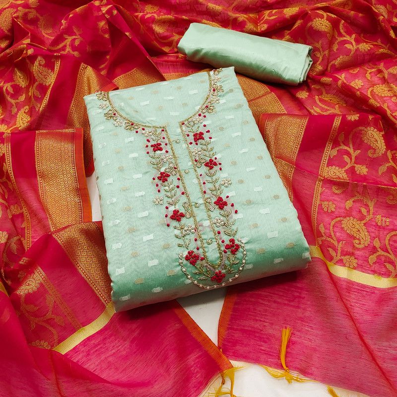 Unstitched Silk Blend Salwar Suit Material Embellished