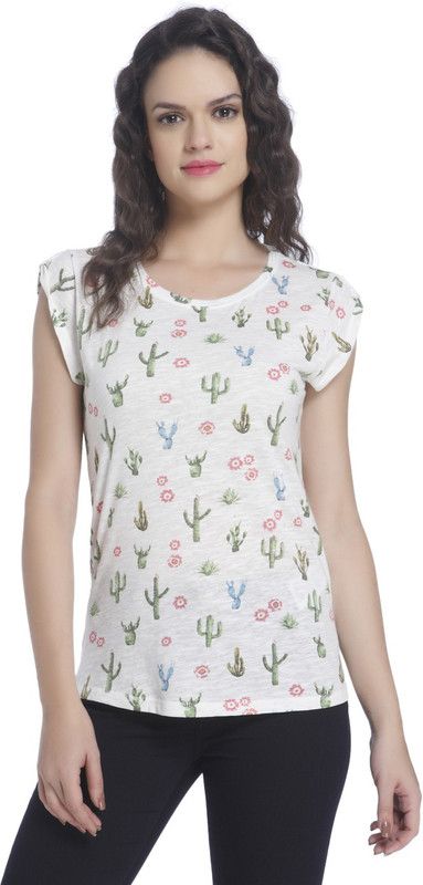 Women Printed, Graphic Print Round Neck Cotton Blend White T-Shirt