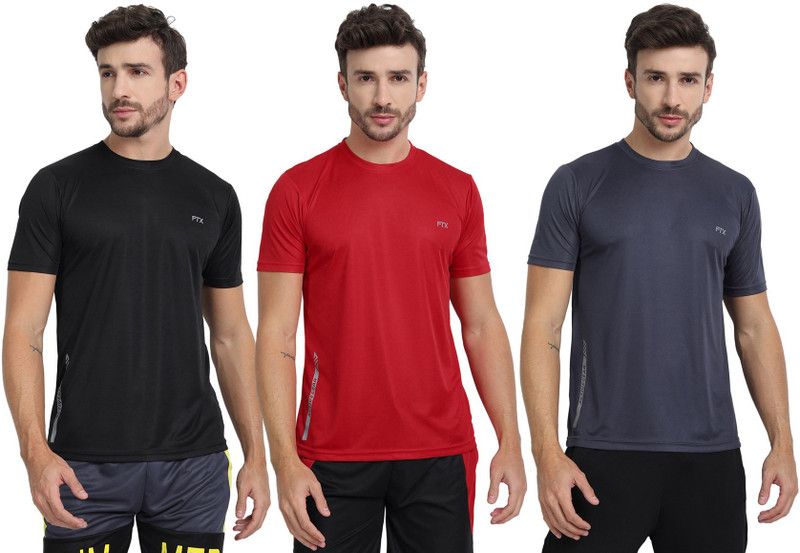 Pack of 3 Men Solid Round Neck Polyester Red, Black, Grey T-Shirt