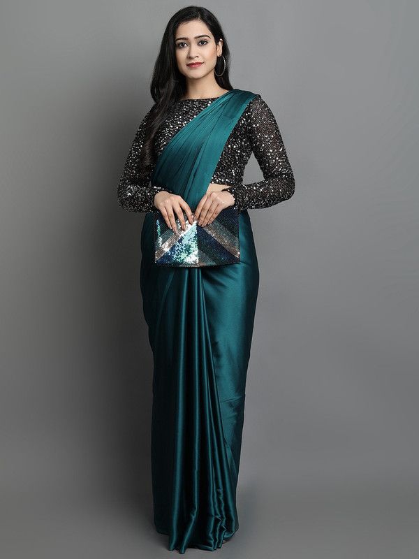 Solid/Plain Bollywood Silk Blend, Satin Saree  (Blue)