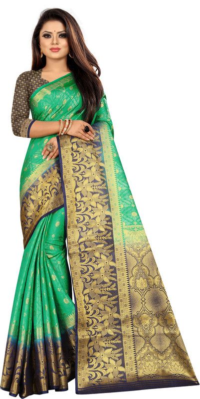 Self Design, Woven Banarasi Pure Silk Saree  (Green, Blue)