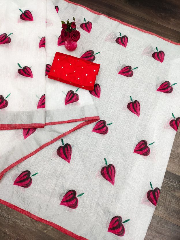 Self Design Bollywood Linen Saree  (Red, White)