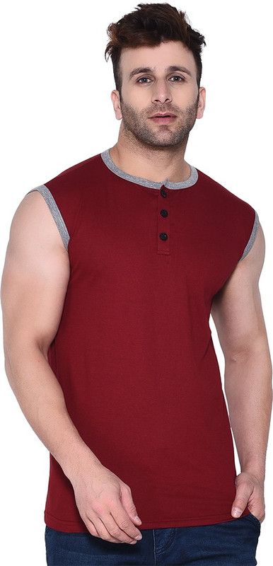 Men Colorblock Henley Neck Cotton Blend Maroon T-Shirt