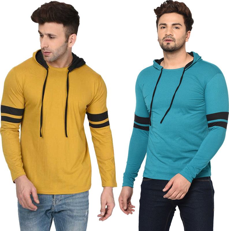 Pack of 2 FZN-MZM Men Solid Hooded Neck Cotton Blend Gold, Green T-Shirt