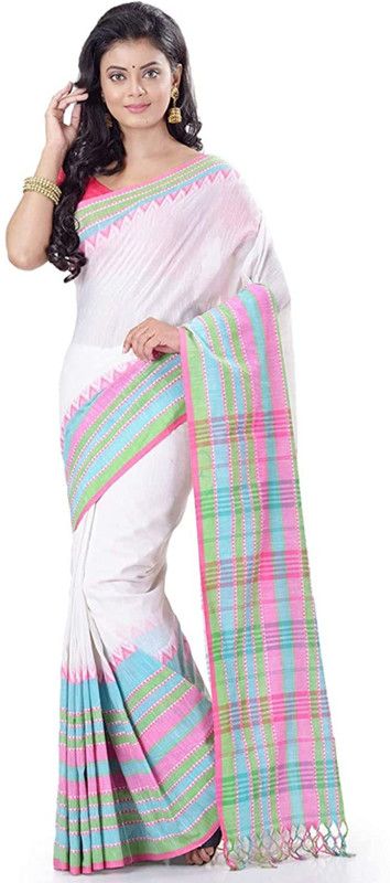 Self Design Handloom Pure Cotton Saree  (White)