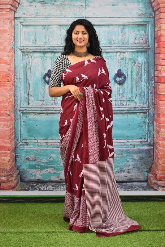 Printed Daily Wear Pure Cotton Saree  (White, Maroon)