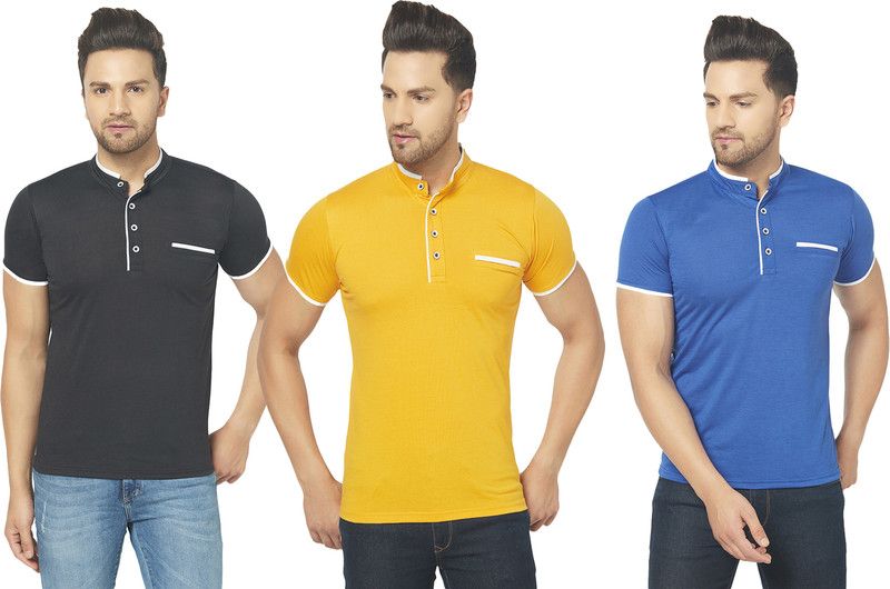 Pack of 3 Men Solid Henley Neck Cotton Blend Blue, Black, Yellow T-Shirt