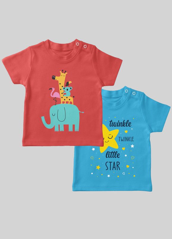 Boys & Girls Printed Pure Cotton T Shirt  (Red, Pack of 2)