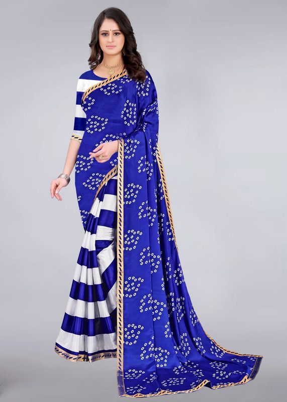 Printed Bandhani Silk Blend Saree  (Blue, White)