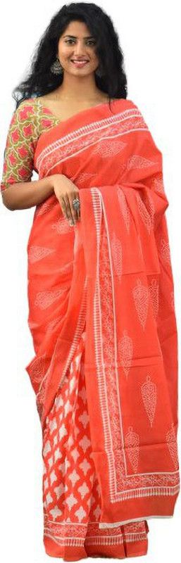 Striped Ikkat Pure Cotton Saree  (Orange)