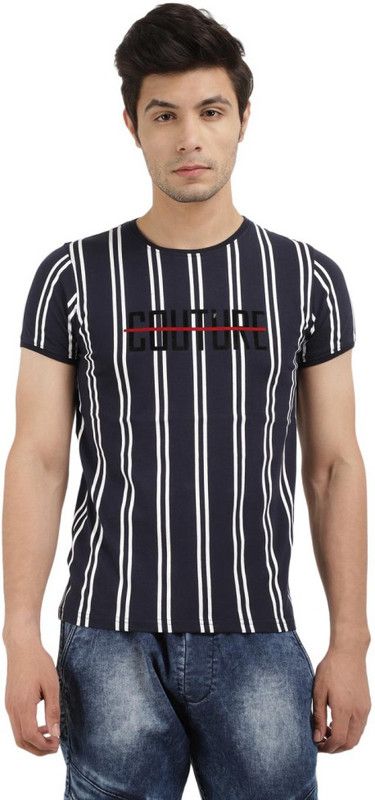 Men Striped, Typography Round Neck Pure Cotton Dark Blue T-Shirt