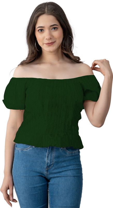 Girls Casual Polycotton Off Shouldered Top  (Green, Pack of 1)