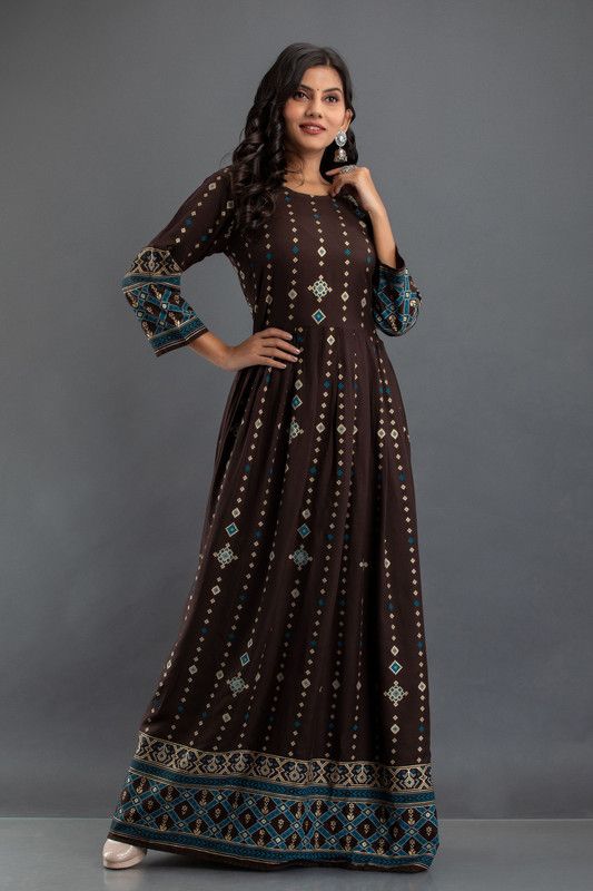 Women Printed Cotton Rayon Anarkali Kurta  (Brown)