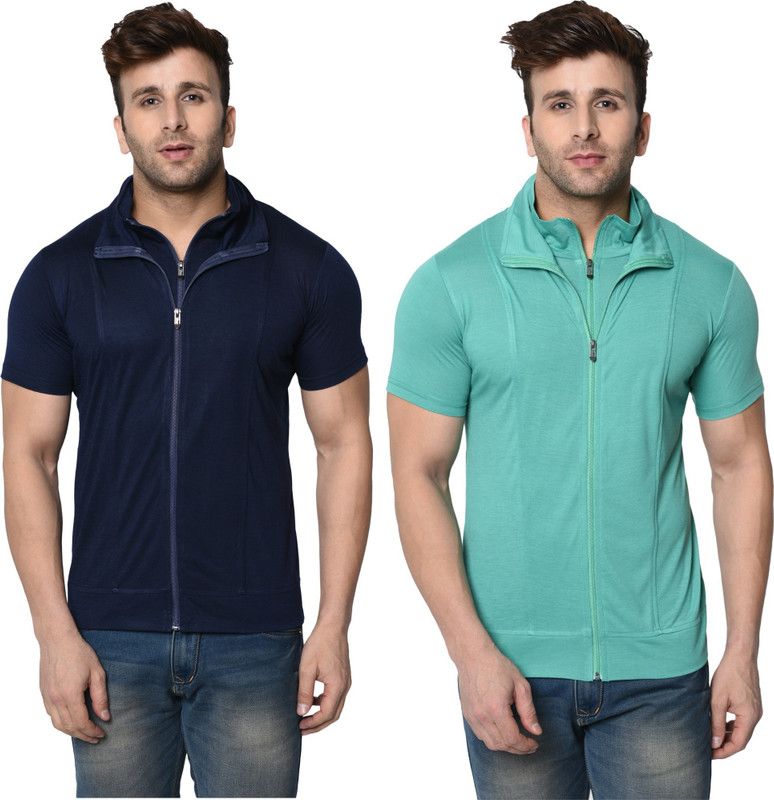 Pack of 2 High Neck Zipper Combo T-Shirt Men Self Design, Solid High Neck Cotton Blend Blue, Light Green T-Shirt