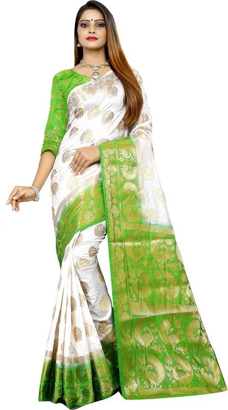 Woven Bollywood Jacquard, Cotton Silk Saree  (White, Light Green)