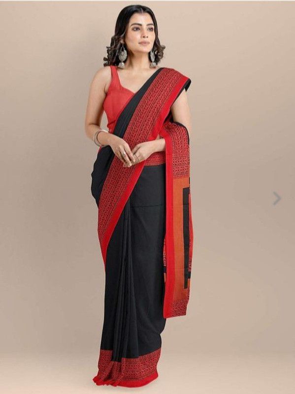 Self Design, Solid/Plain Ikkat Pure Cotton Saree  (Red, Black)