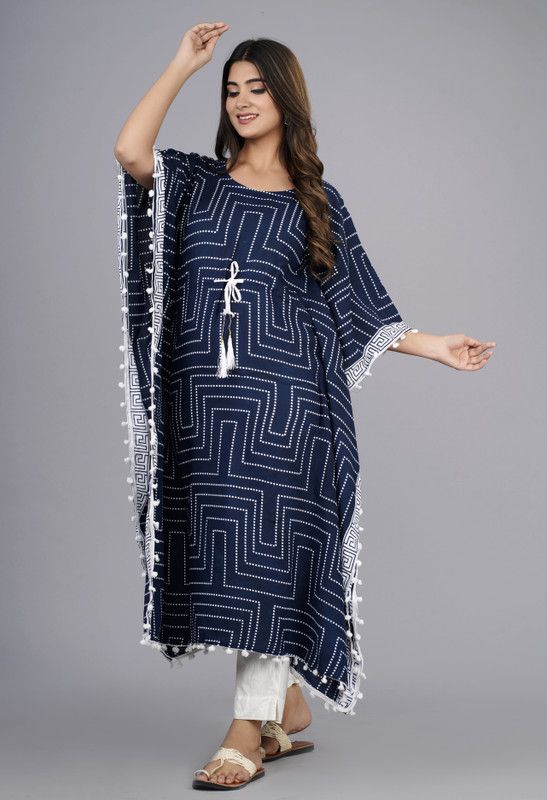 Women Printed Viscose Rayon Kaftan Kurta  (Dark Blue)