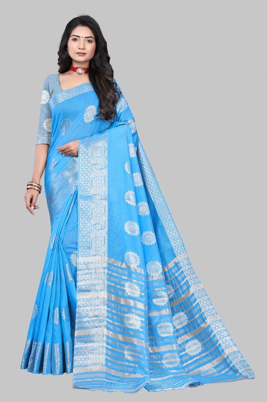 Self Design Bollywood Linen Saree  (Light Blue)
