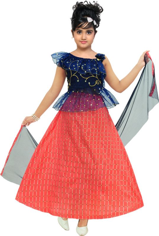 Indi Girls Lehenga Choli Ethnic Wear, Party Wear, Fusion Wear Checkered, Self Design Lehenga, Choli and Dupatta Set  (Dark Blue, Pack of 1)