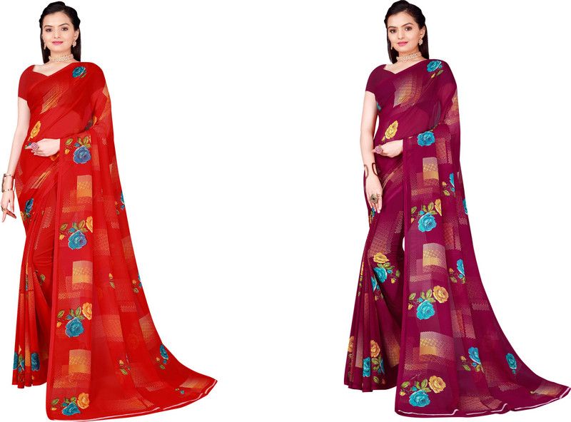 Daily Wear Georgette Saree  (Pack of 2, Red, Purple)
