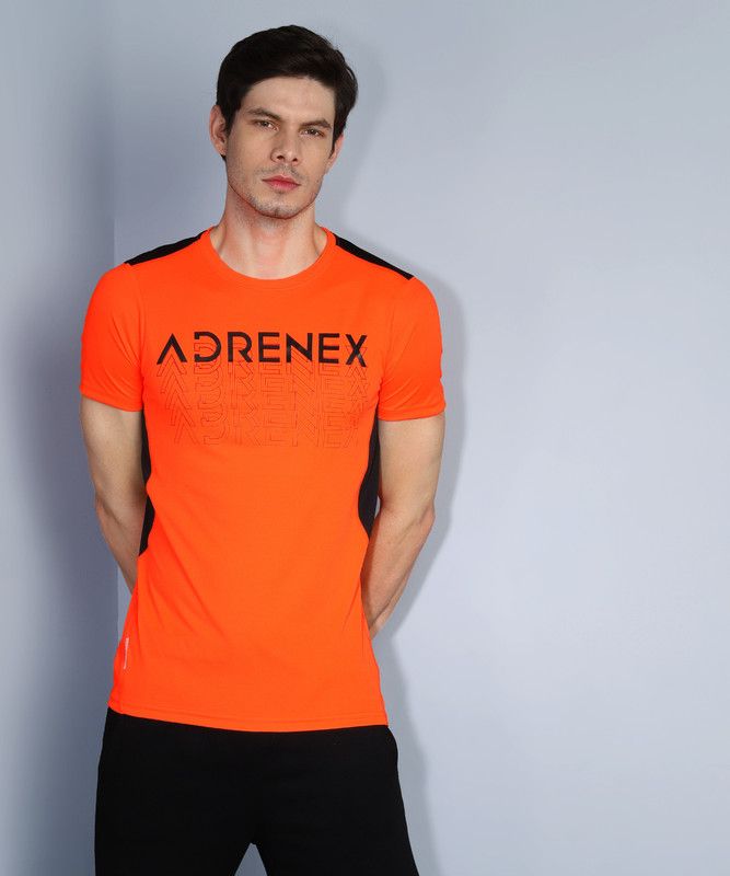 Men Graphic Print Round Neck Polyester Orange T-Shirt