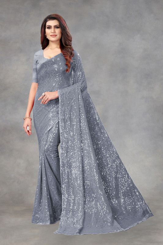 Embellished Fashion Georgette Saree  (Grey)