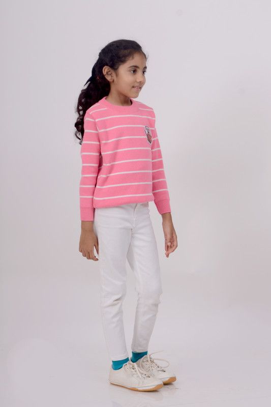 Baby Girls Striped Round Neck Pink, White Sweater