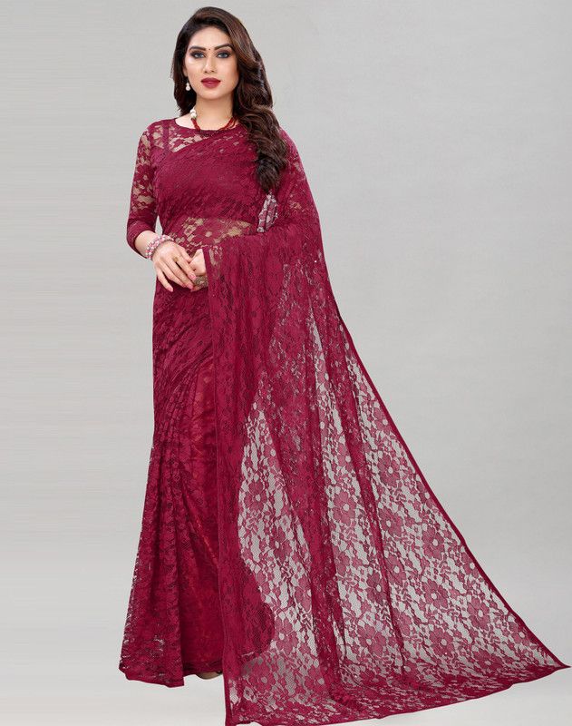 Dyed, Solid, Embellished Daily Wear Net Saree  (Maroon)