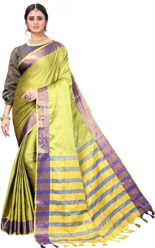 Printed Fashion Cotton Silk Saree  (Yellow, Purple)