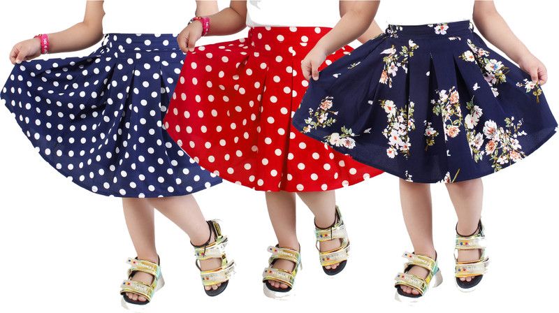 Girls Polka Print, Floral Print Flared Multicolor Skirt