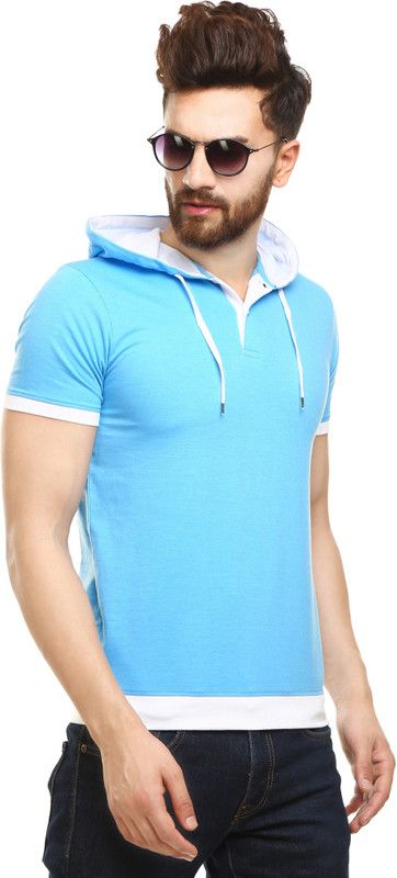 Men Colorblock Round Neck Poly Cotton Light Blue T-Shirt