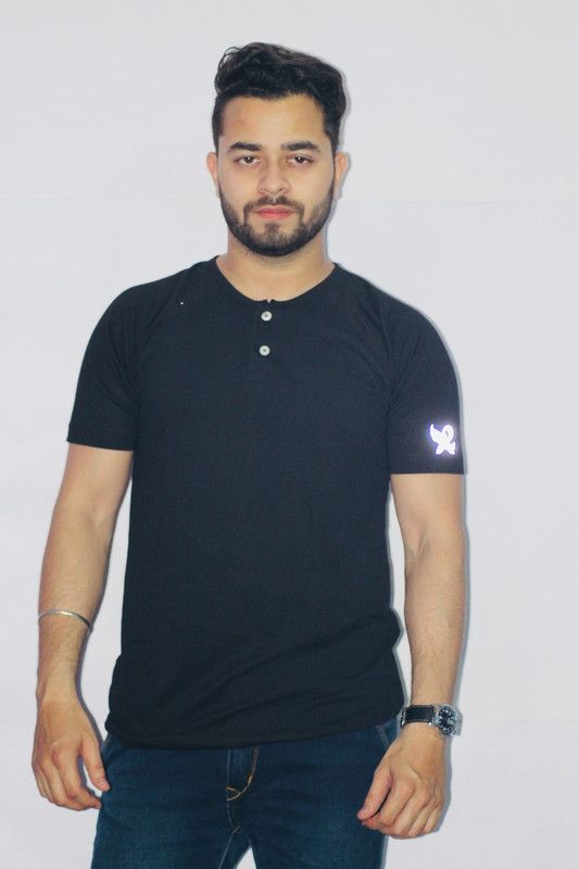 Ankit Men Solid Henley Neck Poly Cotton Black T-Shirt