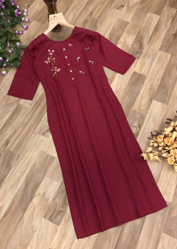 Women Embroidered Cotton Blend Pathani Kurta  (Maroon)