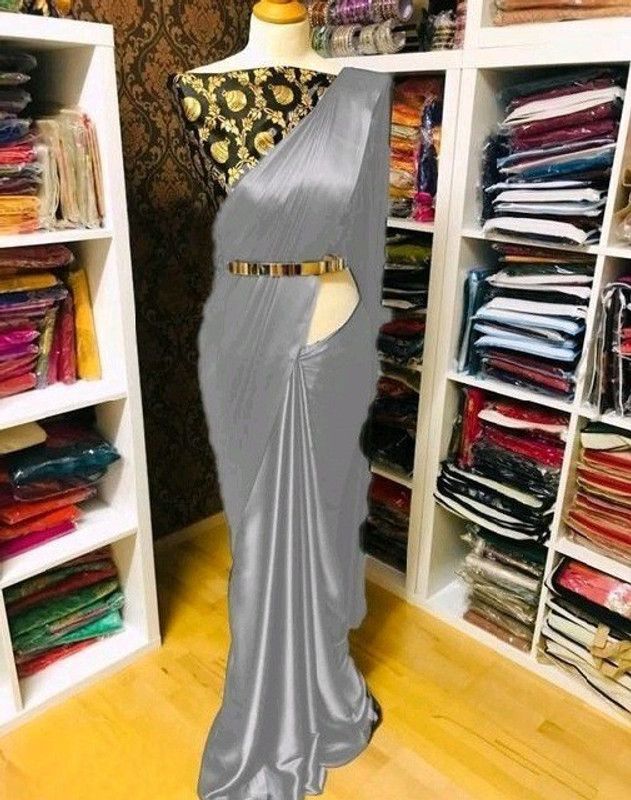 Solid Fashion Satin Saree  (Grey)