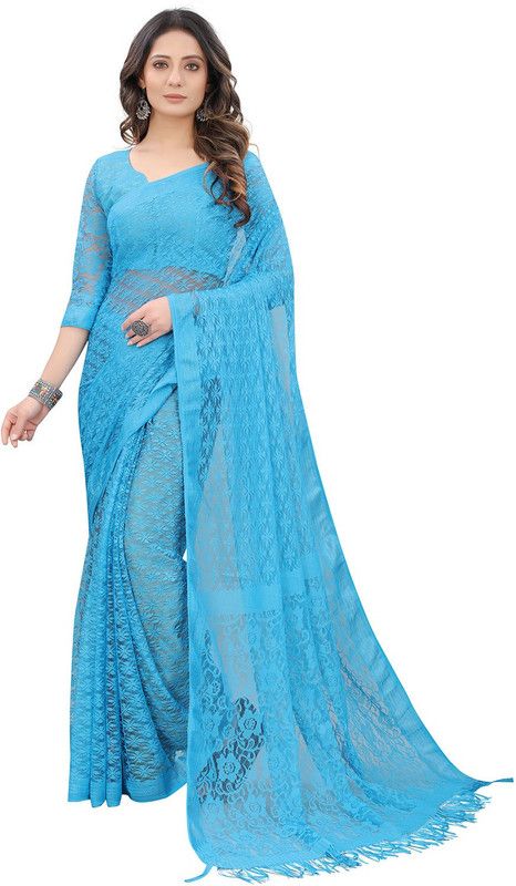 Self Design Bollywood Net, Brasso Saree  (Light Blue)