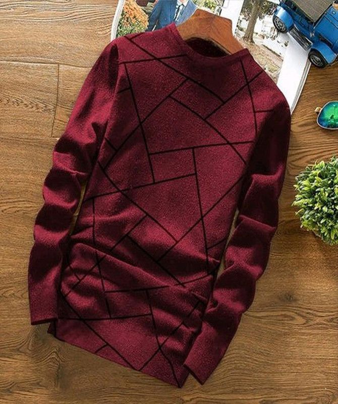 Men Geometric Print Round Neck Cotton Blend Maroon T-Shirt