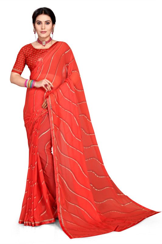 Striped Bollywood Silk Blend, Cotton Blend Saree  (Red)