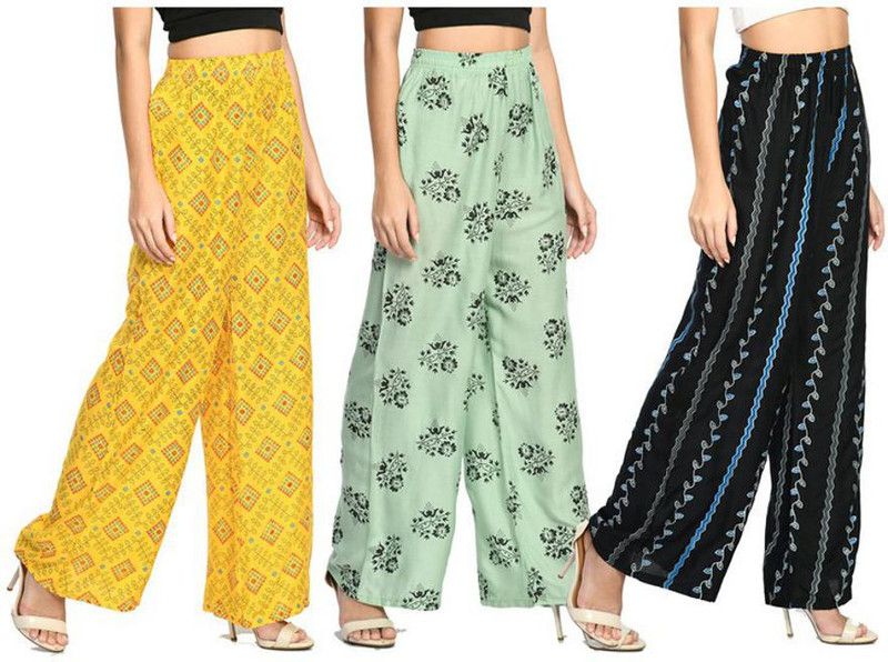 Pack of 3 Women Regular Fit Yellow, Green, Black Viscose Rayon Trousers