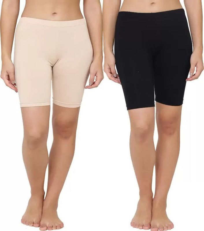 Pack of 2 Solid Women Beige, Black Sports Shorts