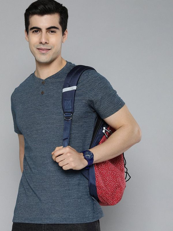 Men Solid Henley Neck Pure Cotton Navy Blue T-Shirt