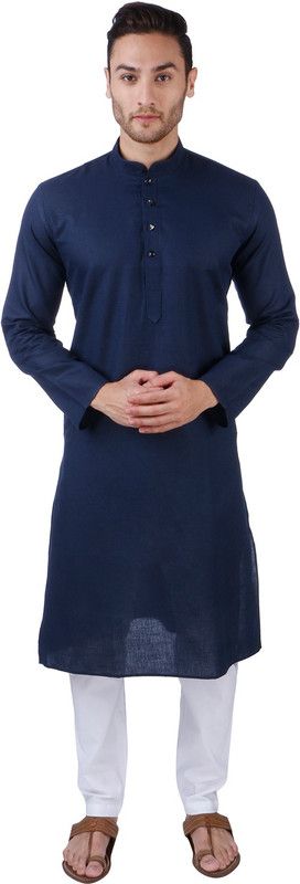 Men Solid Linen Blend Straight Kurta  (Dark Blue)