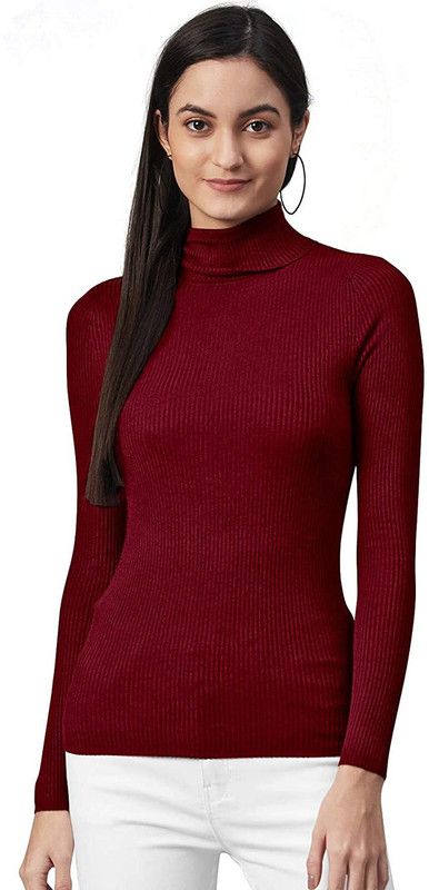 Women Solid Turtle Neck Maroon Sweater