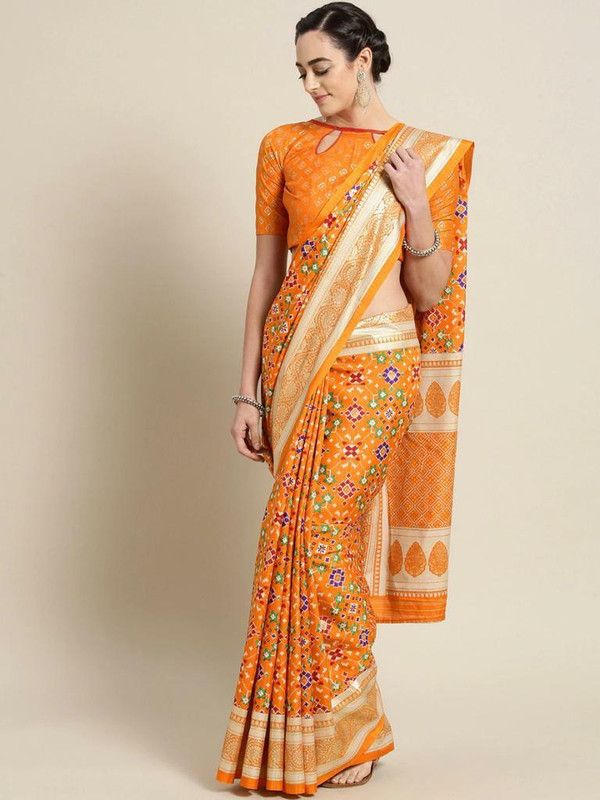 Digital Print Banarasi Satin Saree  (Orange)