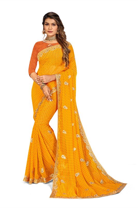 Embroidered, Embellished Bandhani Georgette Saree  (Yellow)