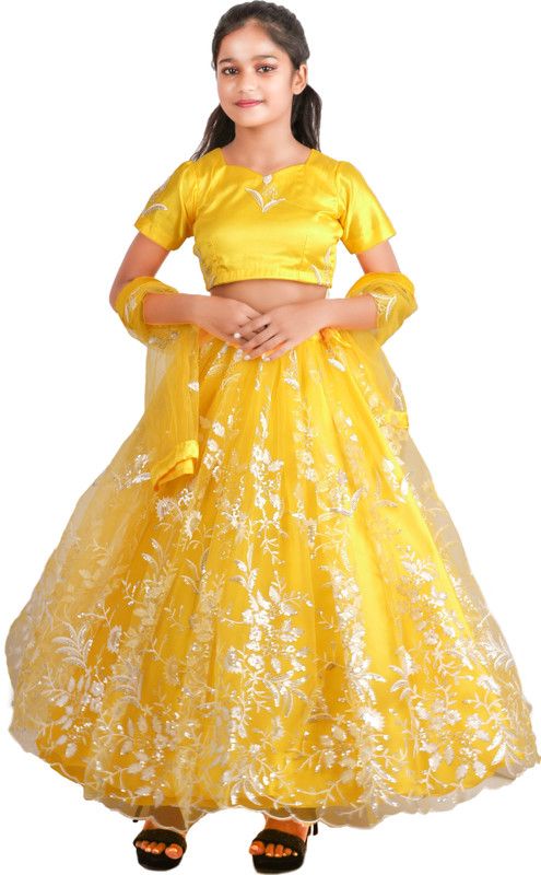 Indi Girls Lehenga Choli Ethnic Wear Embellished Lehenga, Choli and Dupatta Set  (Yellow, Pack of 1)