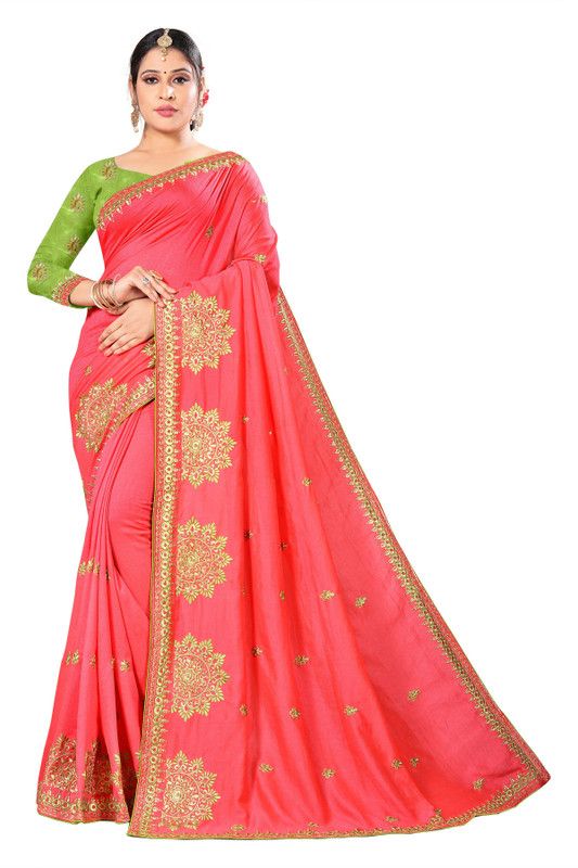 Embroidered Kanjivaram Silk Blend Saree  (Pink)
