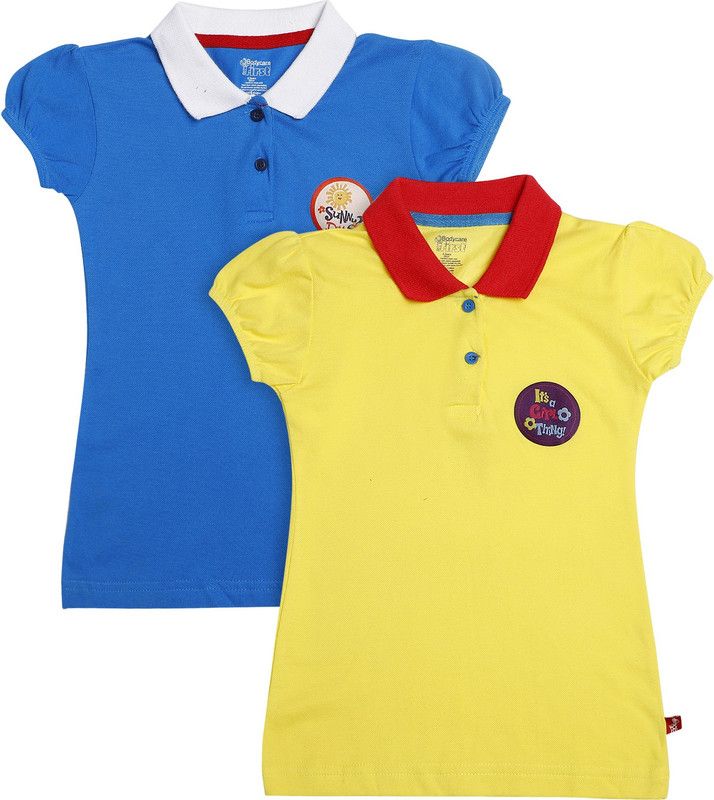 Girls Embroidered Pure Cotton T Shirt  (Yellow, Pack of 1)