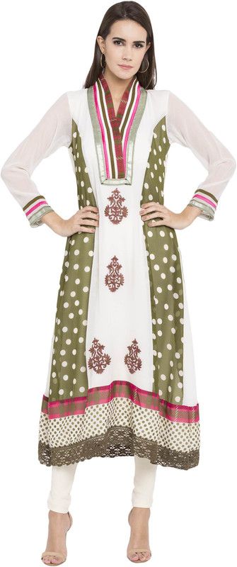 Women Polka Print Georgette Flared Kurta  (White)